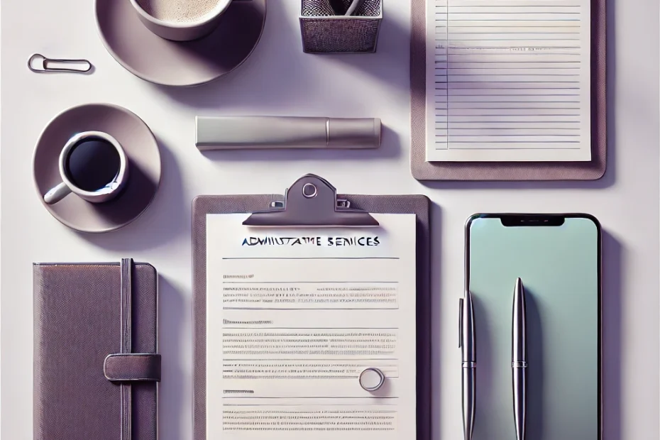 DALL·E 2024-12-14 21.00.55 - A simple and professional vertical image representing administrative services, featuring an organized desk setup with a notebook, pen, coffee cup, and