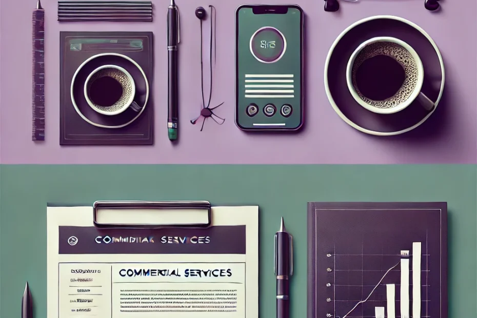 DALL·E 2024-12-14 21.09.34 - A simple and professional vertical image representing commercial services, featuring an organized desk setup with items like a notebook, coffee cup, p